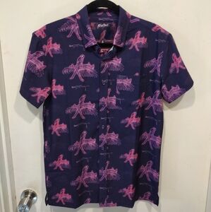 Retro Rifle Saws & Macaws Men's Purple Print Casual Button Down Shirt Sz S Golf